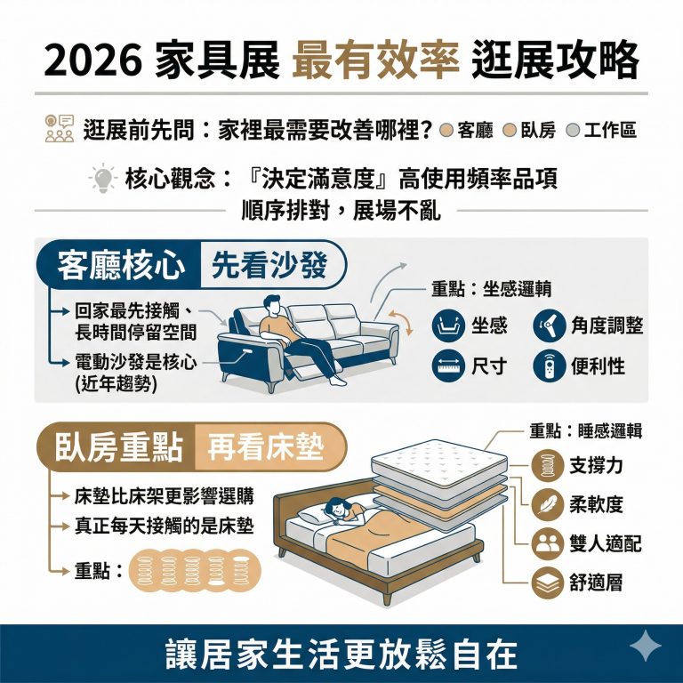 大漢家具建議，在逛家具展時，可以先看客廳核心的沙發，還有臥室核心的床墊，才不會沒有方向