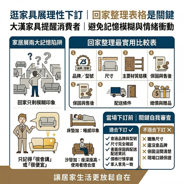 大漢家具提醒，去完家具展後回家可以把這些資訊整理成表格，方便自己做決定