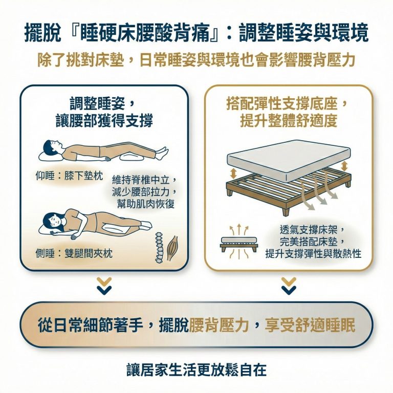 大漢家具建議，要解決睡硬床腰酸背痛的問題，也可以考慮調整睡姿、更換床架這兩種方式