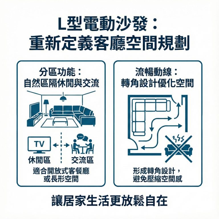 大漢家具的L型電動沙發設計良好，讓你不用擔心動線的問題，還能作為家中區隔空間的方式